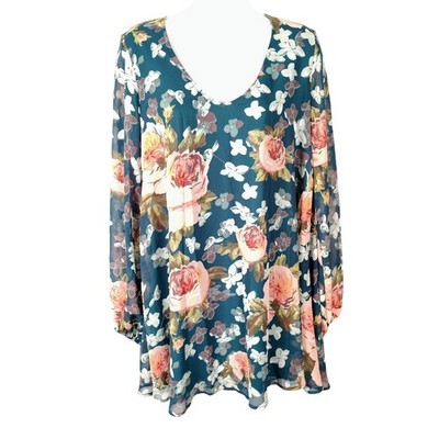 Show Me Your Mumu Donna Michelle Tunic Teal Floral Rose Boho V-Neck Medium