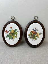 Vtg Set of 2 Woodland Ceramic w/Wood Frame Oval Wall Plaques Mushrooms Cottage