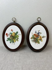 Vtg Set of 2 Woodland Ceramic w/Wood Frame Oval Wall Plaques Mushrooms Cottage