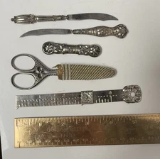Lot of Antique Vintage Silverplated Sewing Items Scissors Measure Needle Case