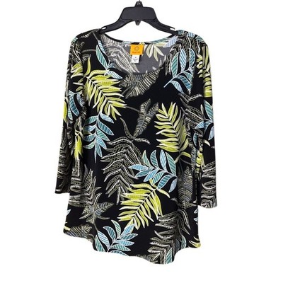 Ruby Rd. Black Top with Green and Blue Leaf   Textured Print - Size M