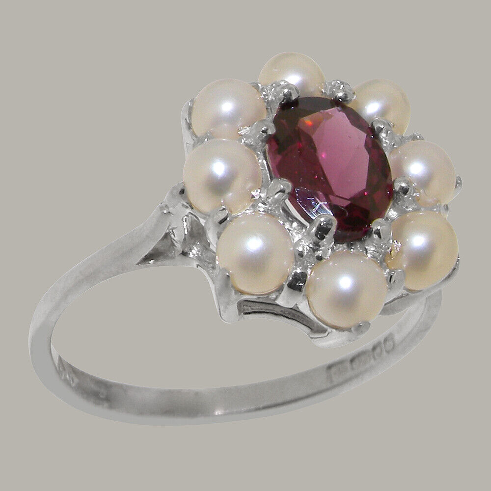 Solid 925 Sterling Silver Natural Garnet & Full Pearl Womens Cluster Ring Popularne nowe prace
