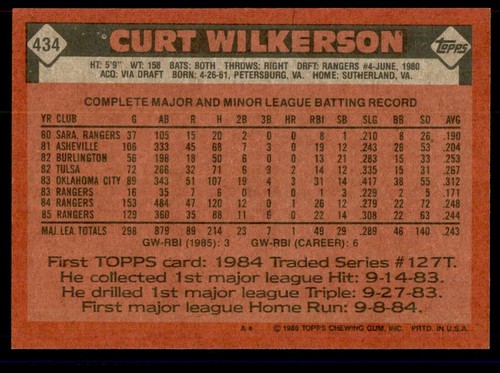 Topps Baseball 1986 #434 Curt Wilkerson - Foto 4 di 4