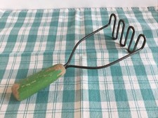 Vtg Green Wooden Handle w/ Metal Potato Masher Country Farmhouse Kitchen Decor