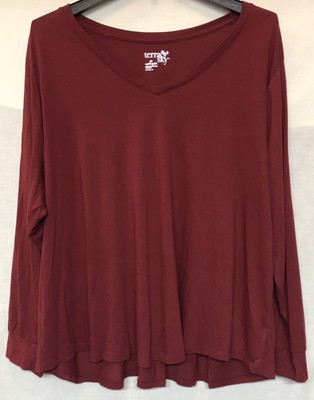 Terra & Sky Women's Plus Size 5XL Long Sleeve V-Neck Maroon Pullover T-Shirt NEW