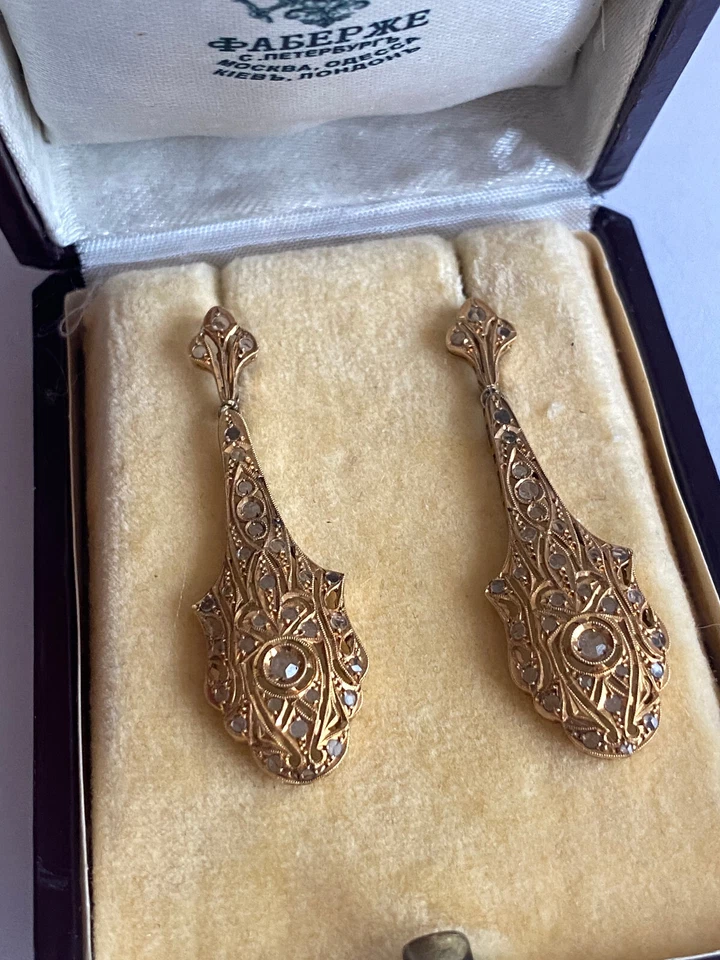 Pendientes antiguos raros Fabergé KF de oro macizo de 18 k 74 diamantes para dama de autor Foto 3 de 4