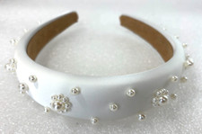 SWEETV Pearl Satin Wedding Headband Bridal Headpiece Tiara White, 6 inches