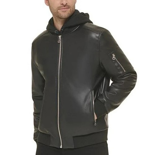 Calvin Klein Men's Faux-Leather Bomber Jacket with Rib-Knit Trim Black, L - Picture 5 of 5