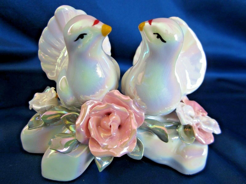 Vintage Two White Fan Tail Turtle Doves on Branch with Pink & White Rose Flowers