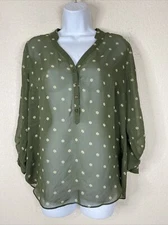 a.n.a Womens Size M Sheer Green Star Pattern Popover Blouse Roll Tab Sleeve