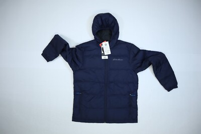 Eddie Bauer Wide Channel Hooded Down Jacket Full Zip Navy Blue