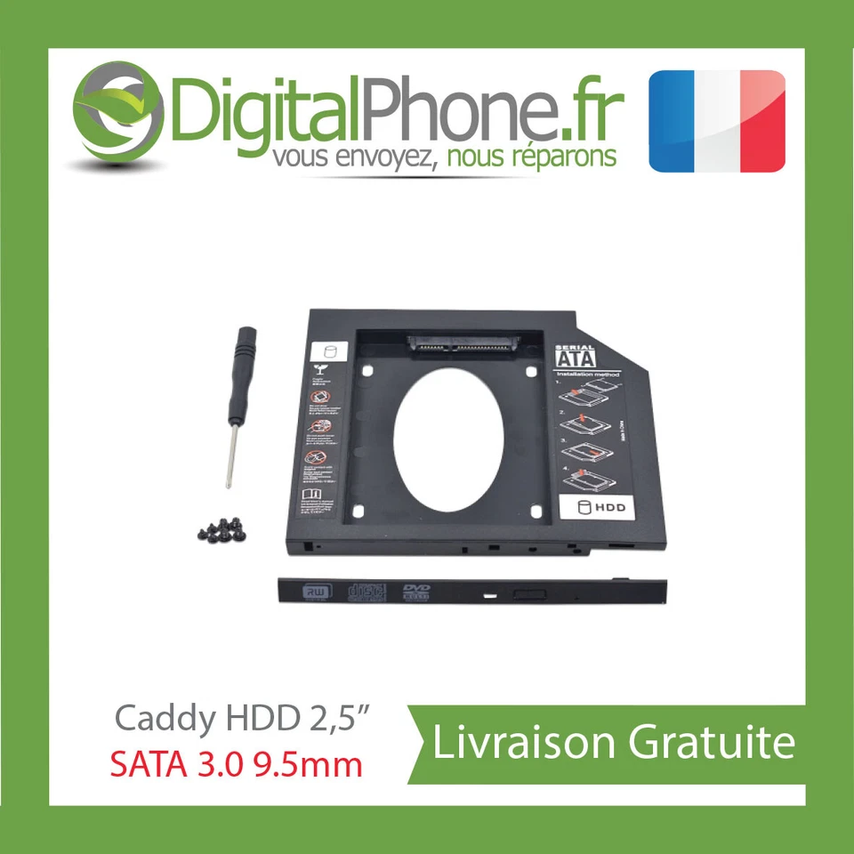 Caddy boîtier HDD 2,5" SATA 3.0 SSD 9.5mm pour Apple Macbook pc portable TVA