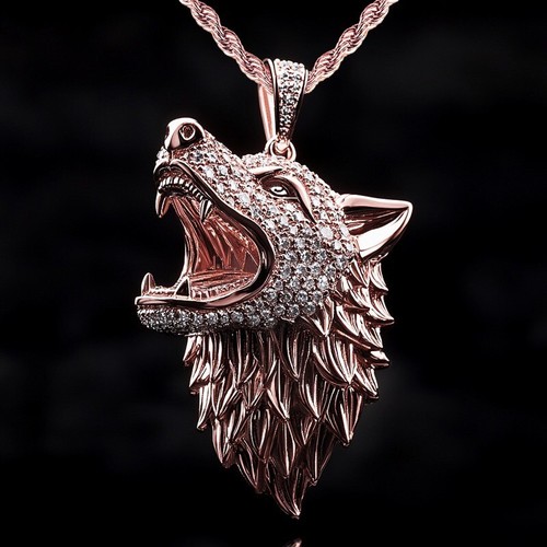 Iced out Roaring Wolf Head In 925 Sterling Silver & VVS Moissanite Pendant - Picture 4 of 4