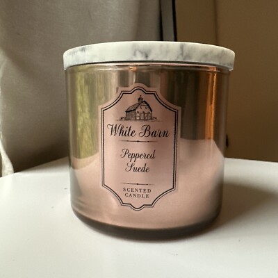 PEPPERED SUEDE White Barn Bath & Body Works 3 Wick 14.5 Ounce Candle RARE NEW