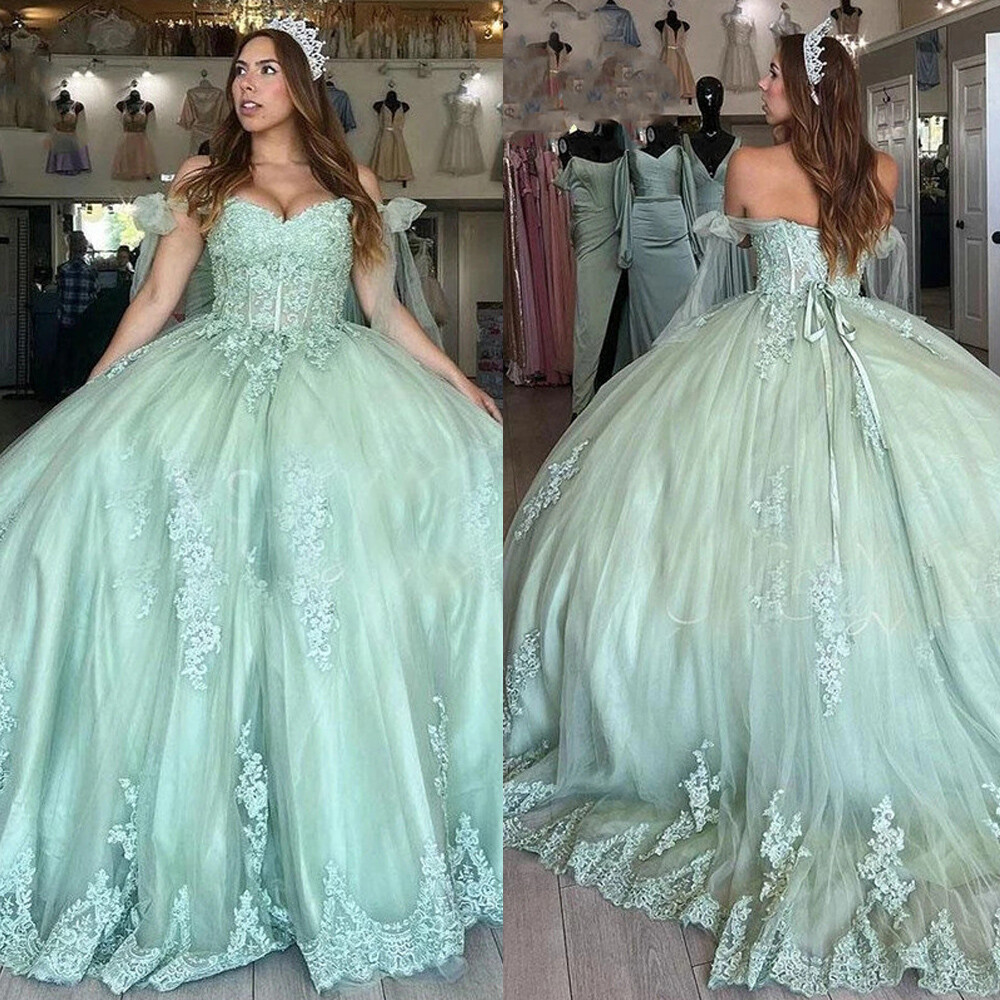 Light Green Quinceanera Dresses Sweet 16 Pageant 3D Floral Beaded Prom