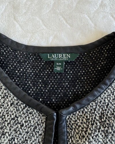 Lauren Ralph Lauren Sz S/M Wool Tweed Poncho Cape Black White Lamb Leather Trim - Picture 5 of 9