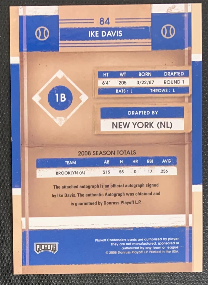 2008 Playoff Contenders - Autograph Card - Ike Davis RC - New York Mets - Image 2 of 2