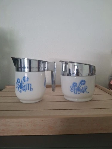 Vtg Gemco Pyrex Blue Cornflower "Sugar" "Creamer" Sert White Milk Glass + Lid