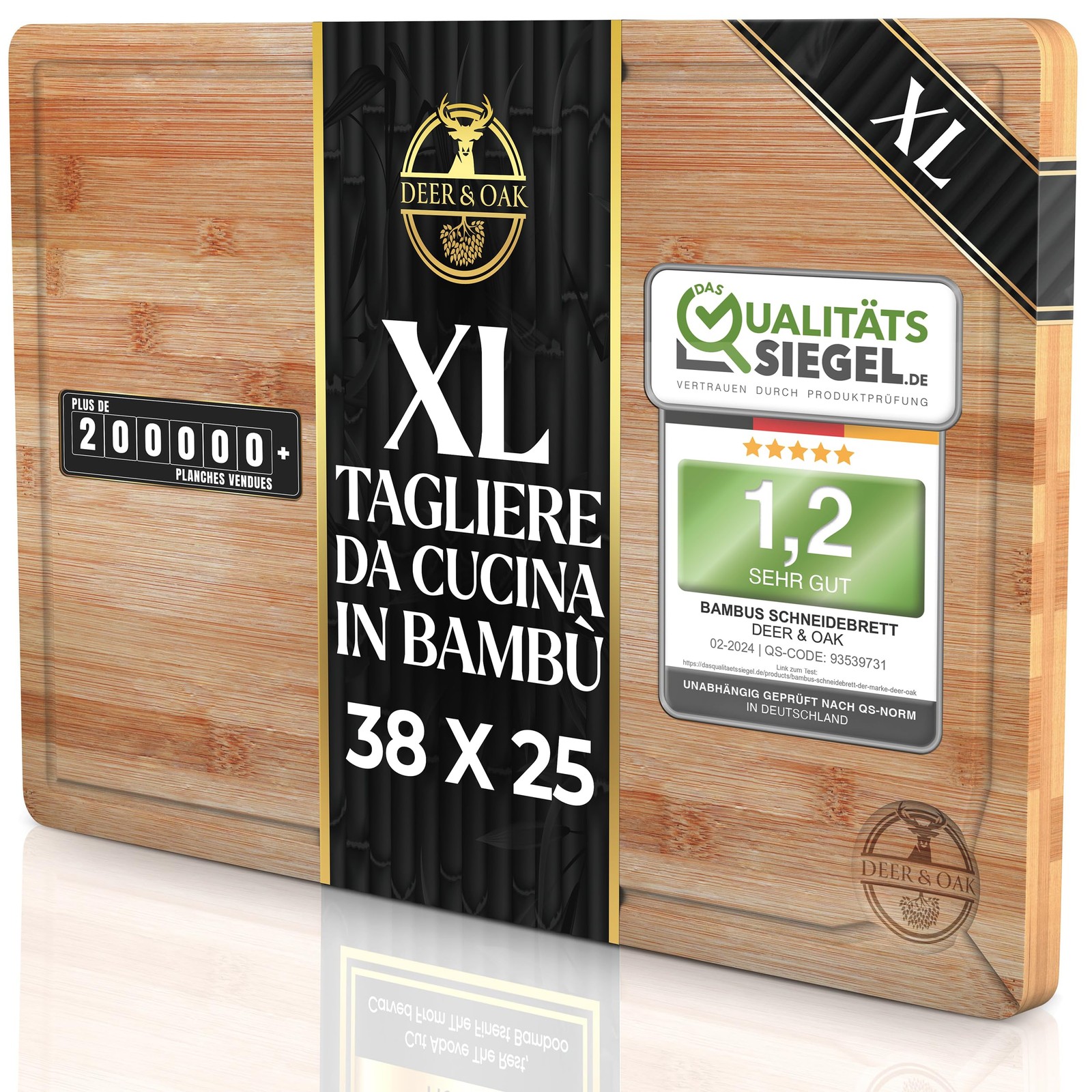 Deer & Oak Tagliere da Cucina in Bambù Premium - 38 x 25 x 2 cm, (g4F)