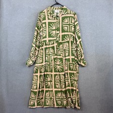 Iris Maxi Dress Womens 8 Green Beige Abstract Pockets Button Up Boho Rayon