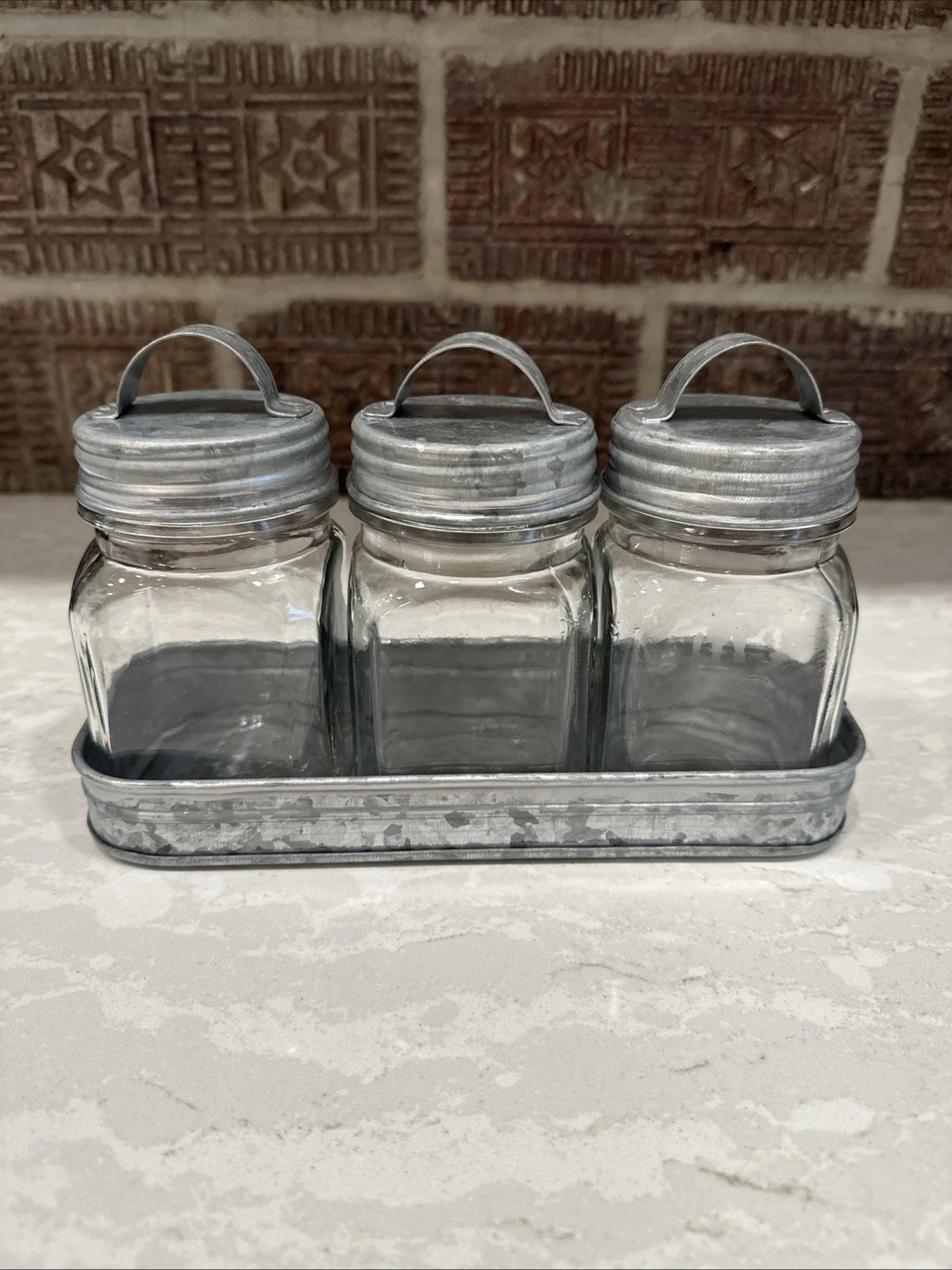 Farmhouse Country Set of 3 Glass Canisters in Galvanized Metal Tray Jars Storage