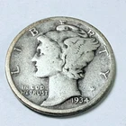 1934 MERCURY DIME *90% SILVER, Circulated Coin, Free Shipping #6743