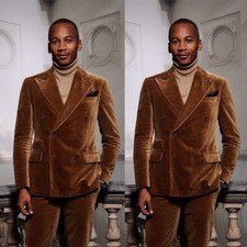 Brown Velvet Men's Suits Peak Lapel Double Breasted Wedding Tuxedos Party Prom
