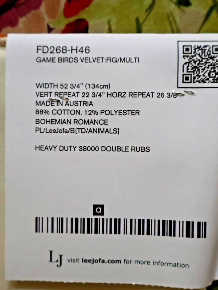 BRAND NEW SAMPLE 13" X 18" Mulberry Home, Game Birds Linen, Pheasants VELVET - Image 3 of 3