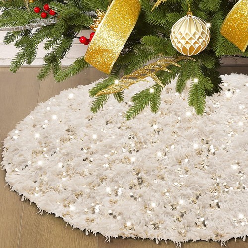 Beige White Christmas Tree Skirt 48'', Champagne Faux Fur Tree Skirt with Gol...