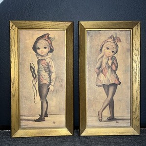 VTG Pair Maio Big Eyes Harlequin Boy & Girl Framed Prints 18.75" x 10.75" MCM 