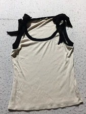 Doe And Rae Tank Top Womens M Medium Beige Black Ribbed Tied Shoulder Scoop Neck