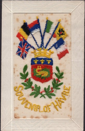 Seidenpostkarte 1. Weltkrieg - Andenken an Havre / Verbündete Flaggen - Bild 1 von 2