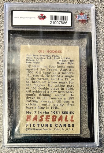 1951 Bowman Gil Hodges #7 Brooklyn Dodgers Vintage Graded KSA 4 - Bild 2 von 2