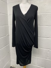 Mango Black Faux Wrap Long Sleeve Side Ruched V-neck Slinky Dress Size 8 PT