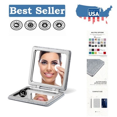 Exquisite Glitter PU Compact Mirror with 3X Magnification - Ideal for On-the-Go