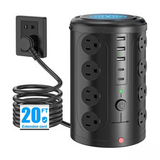 16-Outlet Power Strip Tower Surge Protector with 20 Ft. Extension Cord, 3 USB-A