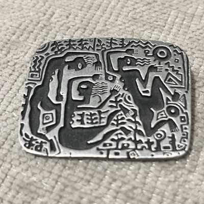 Vintage 2000 Alice Seely Signed Folk Art  Brooch Pewter Petroglyph Mothers Dance