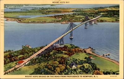Mount Hope Bridge RI 1945 Linen Postcard Providence Newport Mount Hope Bay