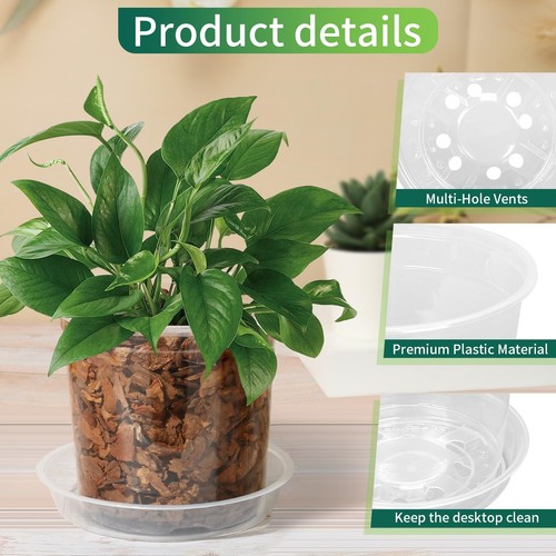 24 Pack 7/6/5 Inch Clear Nursery Pots with Drainage and Saucers, Clear Plasti... - Picture 3 of 7