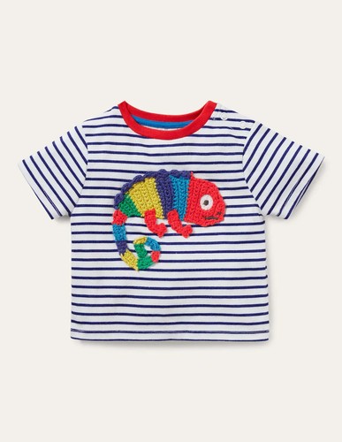 MINI BODEN BABY Striped Crochet T-shirt Ivory/Starboard Chameleon BRAND NEW