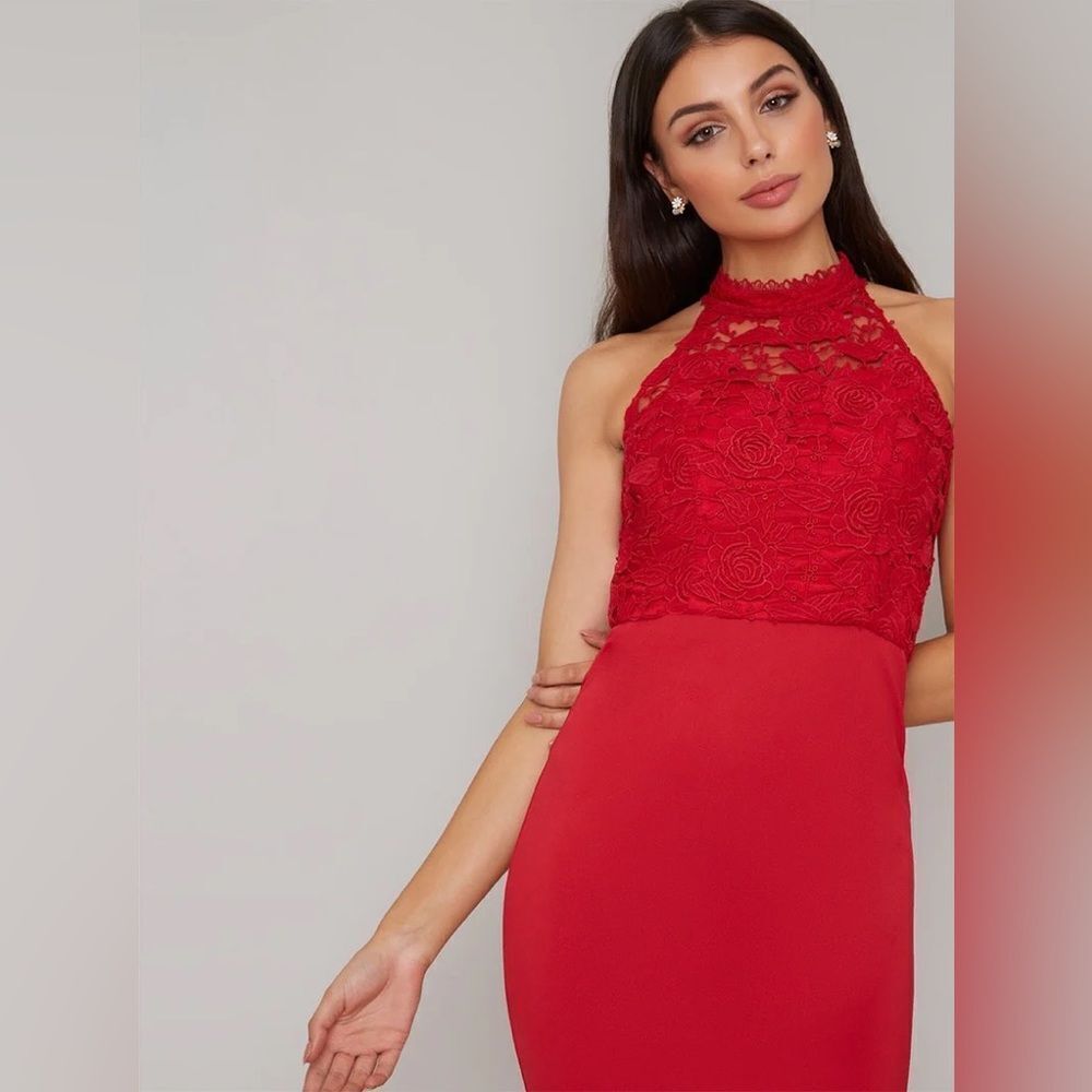 open lace back dress Sheer Scalloped-Lace Long-Sleeve Mini Dress in Wine Red - XL main image 1
