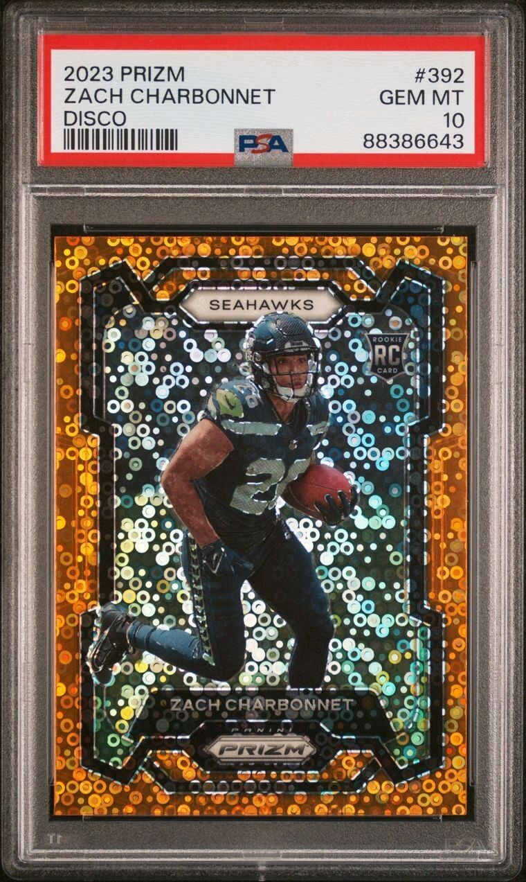 2023 Panini Prizm - Rookies Disco Prizm #392 Zach Charbonnet (RC) PSA 10