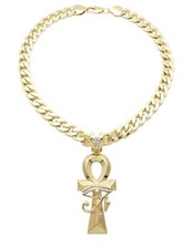 NEW EGYPTIAN EYE OF HERU ANKH PENDANT WITH 11mm 24" CUBAN CHAIN