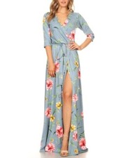 Pastel Blue Floral Print Faux Wrap Belted Boho Maxi Dress Sundress S