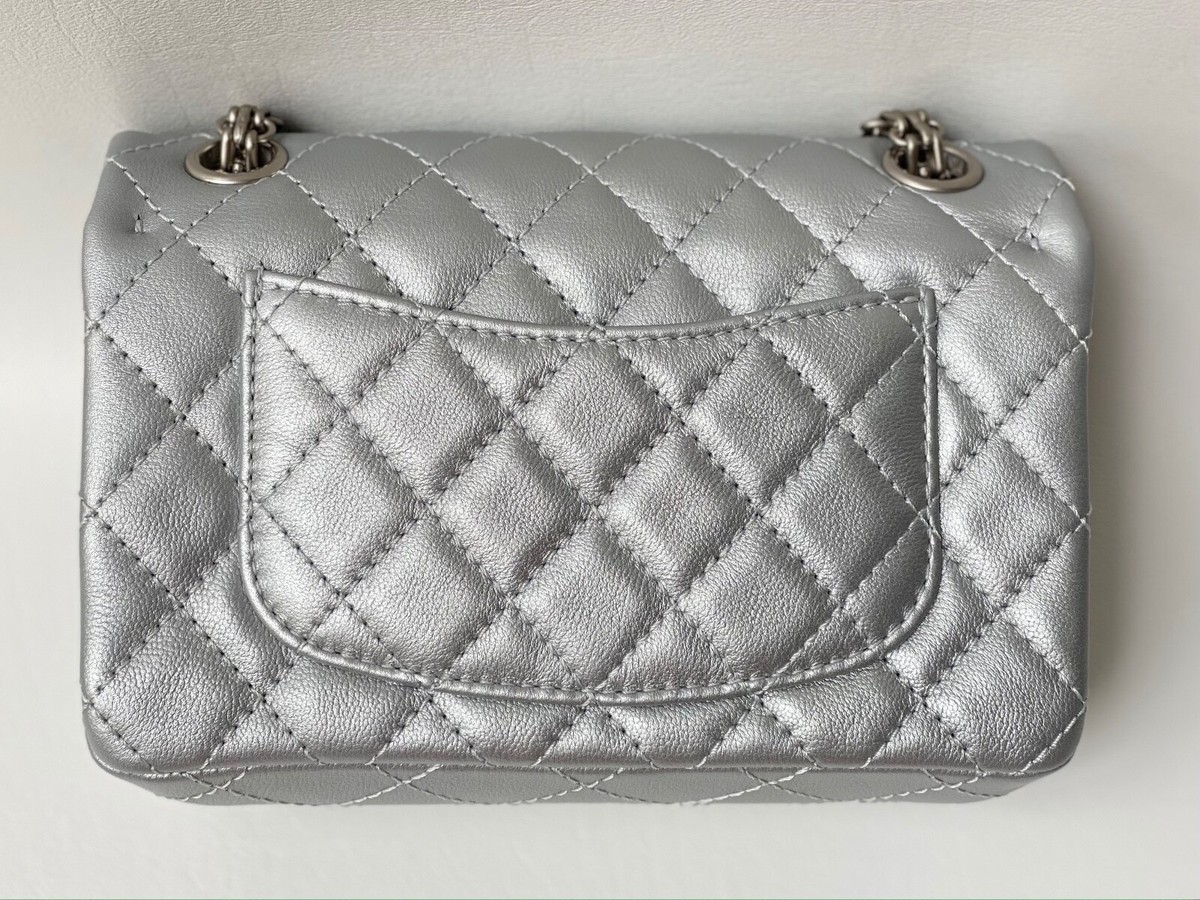 2021A CHANEL CLASSIC MINI REISSUE 2.55 SILVER GOATSKIN LEATHER BAG