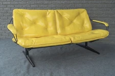 Mid Century Modern Homecrest Edina/Viking Yellow Vinyl Wrought Iron Sofa Bench