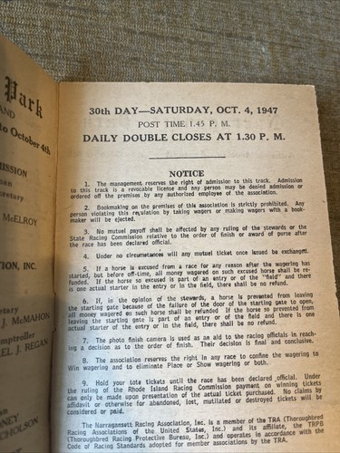 Vintage Narragansett Park Horse Racing Program Saturday October 4th, 1947 - Picture 2 of 7