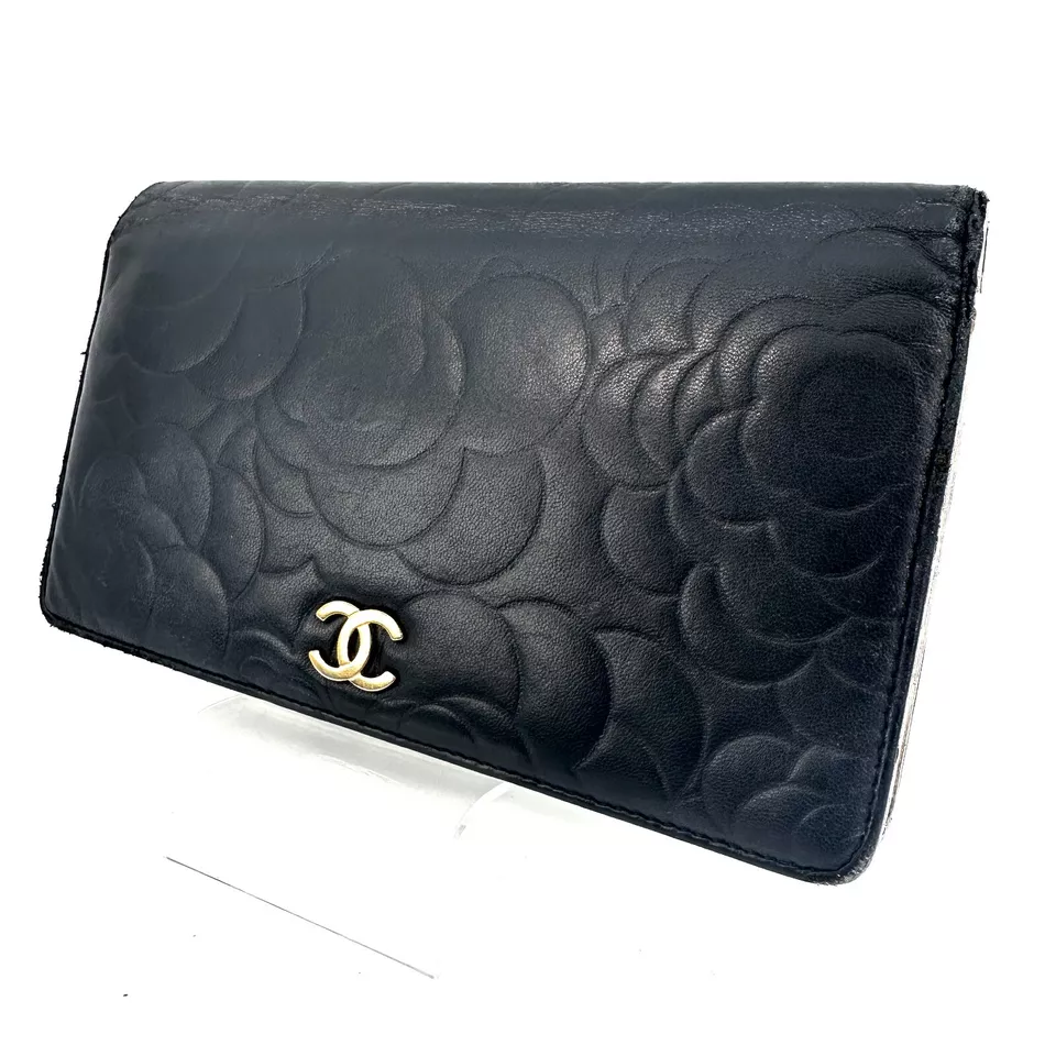 Auténtica Cartera Larga Chanel Cuero Camelia Negra Foto 2 de 4