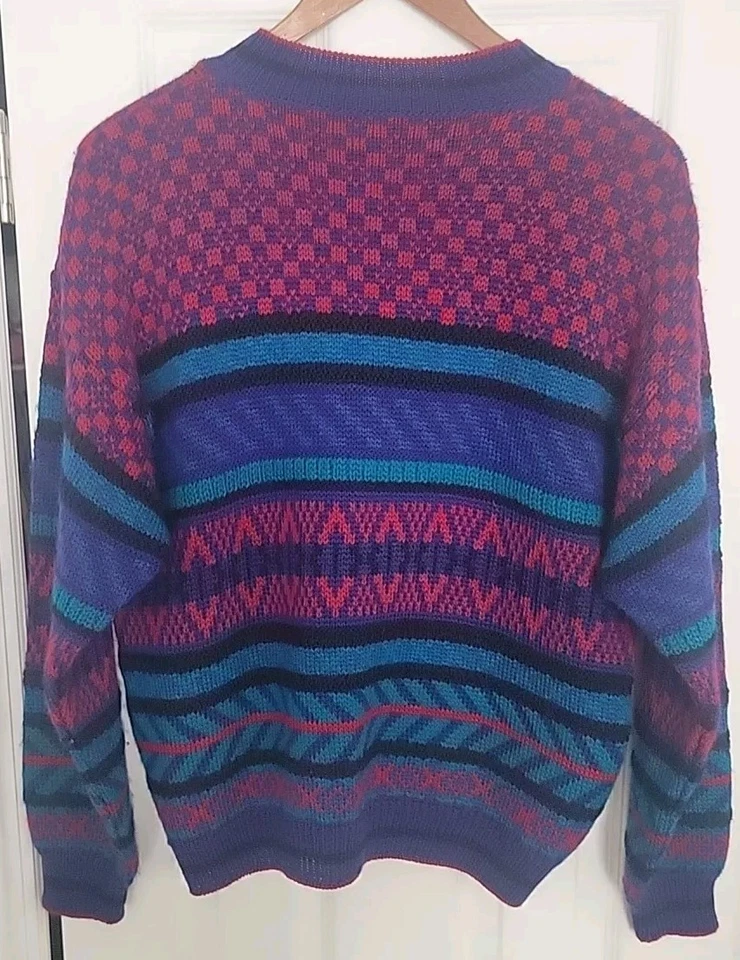 Vintage Nomadic Traders Sweater-Adult Med-Lg-100% Wool-Knit Colorful Checkered - Image 3 of 4