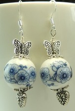 Porcelain Flowers Earrings with Hearts Butterflies Handmade Jewelry Valentine
